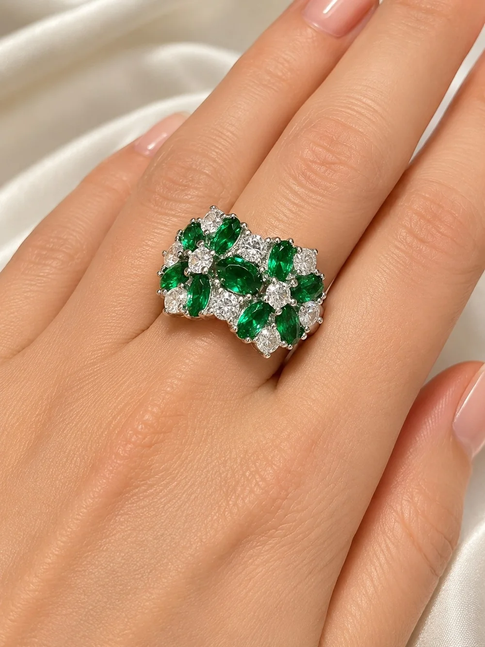 Emerald Cluster Silver Ring - Green Crystal Floral Band